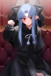  1girl bangs black_bow black_capelet black_dress blue_hair blurry blurry_background blush bow capelet closed_mouth couch cowboy_shot curtains dress eyebrows_visible_through_hair fur-trimmed_capelet fur_trim hair_bow highres indoors large_bow len_(tsukihime) long_hair long_sleeves looking_at_viewer neck_ribbon no_pupils on_couch parted_bangs paw_pose pointy_ears pom_pom_(clothes) red_curtains red_eyes ribbon sidelocks sitting solo tsukihime twitter_username u-co white_neckwear winter_clothes 