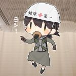  1girl chest_harness chibi commentary_request fairy_(kantai_collection) full_body genba_neko green_skirt hardhat harness helmet kantai_collection kasuga_maru_(kantai_collection) meme mouth_hold parody pointing senbei skirt solo taiyou_(kantai_collection) yamashichi_(mtseven) 