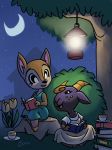  2020 animal_crossing anthro black_body black_eyes black_fur book bovid brown_body brown_fur building caprine cervid clothed clothing crescent_moon cup dress duo fauna_(animal_crossing) female fully_clothed fur glowing goat horn lamp mammal moon nan_(animal_crossing) night nintendo open_mouth plant sankam saucer shrub sky star starry_sky tan_body tan_fur tea_cup tree tree_stump tulip_(flower) video_games 