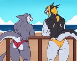  anthro athletic athletic_anthro athletic_male beach blonde_hair blue_eyes butt clothed clothing dragon duo eye_contact fin fish grey_body hair looking_at_another male marine outside raised_tail rear_view red_eyes scalie seaside shark sharkiedude sharp_teeth skimpy speedo swimwear teeth topless 