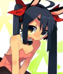  1girl ahoge animal_ears bare_shoulders black_hair black_hairband blush bow breasts brown_legwear bunny_ears dated detached_collar embarrassed fake_animal_ears fang hair_bow hairband leaning_forward leotard long_hair looking_at_viewer muroku_(aimichiyo0526) nose_blush open_mouth original outline oversized_breast_cup pantyhose pink_leotard playboy_bunny red_bow small_breasts solo strapless strapless_leotard twintails white_outline x_x yellow_eyes 