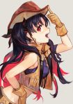  1girl bangs belt black_hair blue_bandeau breasts cowboy cowboy_hat cropped_vest earrings fate/grand_order fate_(series) fingerless_gloves gloves hat hoop_earrings hungry_clicker ishtar_(fate)_(all) jewelry leather leather_gloves leather_vest long_hair looking_at_viewer medium_breasts multicolored_hair open_clothes open_mouth open_vest red_eyes red_hair shorts solo space_ishtar_(fate) two-tone_hair two_side_up vest western yellow_gloves yellow_shorts yellow_vest 