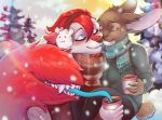  anthro beverage canid canine canis carrying carrying_partner coffee coffee_cup darkflamewolf duo earmuffs female fur hair hi_res interspecies interspecies_relationship jake_thumpings lagomorph leporid male mammal nuzzling rabbit red_body red_fur red_hair scarf sheldon_dober size_difference snow snowing snowing_outside tail_maw tail_mouth taylor_renee_wolford_(darkflamewolf) tongue tongue_out winter wolf 