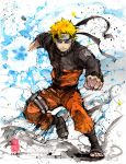  1boy barefoot_sandals blonde_hair blue_eyes clenched_hand headband highres konohagakure_symbol looking_at_viewer male_focus mycks naruto_(series) naruto_shippuuden ninja orange_legwear rasengan thigh_strap track_suit traditional_media uzumaki_naruto v-shaped_eyebrows watercolor_(medium) whiskers 