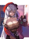  1girl absurdres azur_lane bangs bare_shoulders beige_sweater belfast_(azur_lane) belfast_(shopping_with_the_head_maid)_(azur_lane) beret black_skirt breasts choker cleavage closed_mouth coffee collarbone commentary cup disposable_cup hat hat_ribbon head_tilt high-waist_skirt highres hyoin large_breasts long_hair looking_at_viewer off-shoulder_sweater off_shoulder outdoors purple_eyes red_headwear red_shawl ribbed_sweater ribbon shawl sidelocks silver_hair skirt smile solo standing starbucks sweater very_long_hair 