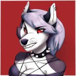  1:1 2021 anthro black_body breasts canid canid_demon collar demon ear_piercing eyebrows eyelashes fangs female grey_body grey_hair hair half-closed_eyes hellhound helluva_boss hi_res inner_ear_fluff loona_(vivzmind) mammal narrowed_eyes piercing red_sclera sharp_teeth solo spiked_collar spikes teeth tuft white_body zeeblion 