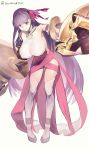  1girl abs bare_shoulders breasts claws clothing_cutout collar fate/grand_order fate_(series) gyudong123 highres huge_breasts long_hair passionlip pink_ribbon purple_hair revealing_clothes ribbon smile twitter_username very_long_hair 