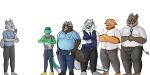  2021 anthro asian_mythology belly black_nose bottomwear bovid bovine brown_body brown_fur canid canine canis cattle clothing daxhush dragon east_asian_mythology eastern_dragon eyewear fur glasses green_body grey_body grey_fur group hat headgear headwear hi_res male mammal mythology overweight overweight_male pants raccoon_dog shirt sihai&#039;s_legacy suid suina sus_(pig) tanuki topwear video_games visual_novel wild_boar wolf 