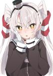  1girl amatsukaze_(kantai_collection) brown_eyes dress eyebrows_visible_through_hair gloves hair_between_eyes hair_tubes ixy kantai_collection long_hair long_sleeves looking_at_viewer sailor_dress silver_hair simple_background single_glove smokestack_hair_ornament solo two_side_up upper_body white_background white_gloves 