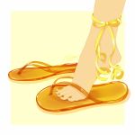  1girl ankle_ribbon barefoot border close-up feet feet_only flip-flops foot_focus highres mu_mashu orange_nails original ribbon sandals signature simple_background toenail_polish toenails toes white_border yellow_background yellow_ribbon 