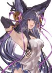  1girl absurdres animal_ears armlet armpits arms_behind_head arms_up bangs bare_shoulders bell black_gloves black_hair blush breasts cleavage dress elbow_gloves erune fox_ears fox_shadow_puppet fox_tail gloves granblue_fantasy hair_bell hair_ornament highres huge_filesize jikatarou jingle_bell large_breasts long_hair looking_at_viewer open_mouth purple_eyes purple_ribbon ribbon short_dress simple_background smile steam sweat tail very_long_hair white_background white_dress yuel_(granblue_fantasy) 