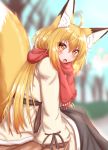  2021 absurd_res ahoge amber_eyes animal_humanoid bench blonde_hair blurred_background blush brown_body brown_fur canid canid_humanoid canine canine_humanoid clothed clothing coat cute_fangs dipstick_ears dipstick_tail female fingers fox_humanoid fur glistening glistening_hair hair hi_res horokusa0519 humanoid inner_ear_fluff long_hair long_sleeves looking_at_viewer mammal mammal_humanoid multicolored_ears multicolored_tail open_mouth pupils scarf sitting slit_pupils solo tongue topwear translucent translucent_hair tuft white_body white_fur yellow_body yellow_fur 