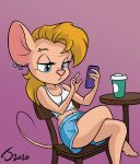  2020 anthro blonde_hair blue_eyes cellphone chair chip_&#039;n_dale_rescue_rangers clothed clothing coffee_cup crossed_legs disney ear_piercing ear_ring eyebrow_piercing facial_piercing female fully_clothed fur furniture gadget_hackwrench hair mammal mouse murid murine phone piercing purple_background rodent sankam simple_background solo table tan_body tan_fur 