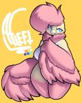 alwaysfaceleft anthro avian bird blue_eyes breasts feathers featureless_breasts female hi_res looking_aside non-mammal_breasts pink_body pink_feather_hair pink_feathers solo thick_thighs 
