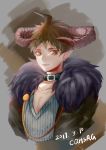  1boy absurdres alternate_costume artist_name bangs black_collar brown_eyes brown_hair collar collarbone commentary_request cropped_torso danganronpa_(series) danganronpa_2:_goodbye_despair dated demon_horns earrings eye_piercing fang fur-trimmed_jacket fur_trim grey_background highres hinata_hajime horns jacket jewelry looking_at_viewer male_focus open_mouth pointy_ears short_hair smile solo striped striped_sweater sweater tuteurfars_shin upper_body 