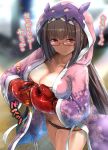  1girl akabeko_boxing bikini black_bikini blush boxing_gloves breasts brown_hair cleavage collarbone commentary_request fate/grand_order fate_(series) glasses highres hood hood_up hooded_robe large_breasts long_hair osakabe-hime_(fate/grand_order) osakabe-hime_(swimsuit_archer)_(fate) purple_eyes purple_robe solo sweat swimsuit translation_request very_long_hair 