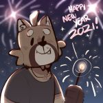  1:1 2020 anthro clothed clothing dot_eyes english_text fireworks hi_res holidays looking_at_viewer male mammal new_year night procyonid raccoon scraffyraccoon shirt sky smile solo standing star starry_sky text topwear 