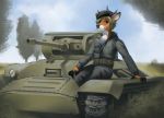  2019 anthro black_nose brown_eyes cervid chest_tuft clothed clothing cloud cloudscape detailed_background eyebrows fully_clothed fur grass green_hair hair horn landscape looking_at_viewer mammal military military_clothing military_jacket military_pants military_uniform military_vehicle orange_body orange_fur pimpartist plant shrub sitting sky tank traditional_media_(artwork) tree tuft uniform vehicle white_body white_fur white_tuft world_war_2 