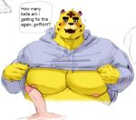  2021 animal_crossing anthro barazoku big_pecs blush clothed clothing clothing_lift dialogue duo english_text erection felid first_person_view foreskin genitals hoodie hoodie_lift human humanoid_genitalia humanoid_penis looking_at_viewer male male/male mammal muscular muscular_anthro muscular_male nintendo nipples open_mouth pale_skin pantherine pec_squish pecs penis prostitution simple_background squish talking_to_viewer text tiger topwear topwear_lift tora_gy tybalt_(animal_crossing) uncut video_games villager_(animal_crossing) white_background 