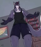  2020 absurd_res anthro biceps black_clothing bottomwear canid canine chinchy clothing ear_piercing fox fur hi_res inside looking_at_viewer male mammal muscular muscular_anthro muscular_male painting piercing shelf shirt shorts signature solo tank_top topwear 
