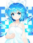  :o absurdres blue_eyes blue_hair bow cirno dress eyebrows eyebrows_visible_through_hair eyelashes hair_bow highres ice ice_wings off_shoulder short_hair sleeveless touhou upper_body white_bow white_dress wings yuujin_(yuzinn333) 