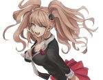  1girl :d bangs bear_hair_ornament black_bra black_choker black_neckwear black_shirt blonde_hair blue_eyes bow bra breasts brown_hair choker cleavage commentary_request danganronpa:_trigger_happy_havoc danganronpa_(series) dutch_angle enoshima_junko eyebrows_visible_through_hair fingernails hair_ornament hand_on_own_cheek hand_on_own_face hand_up highres large_breasts long_fingernails long_hair long_sleeves looking_at_viewer mosu_(mos_ronpa2) nail_polish necktie open_mouth pleated_skirt red_bow red_nails red_skirt school_uniform shirt simple_background skirt sleeves_rolled_up smile solo twintails underwear upper_teeth white_neckwear 