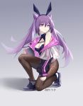  1girl absurdres alternate_costume black_legwear breasts casual cleavage double_bun full_body genshin_impact hair_bun highres keqing looking_to_the_side pantyhose purple_eyes purple_hair rncz7783 smile solo twintails 