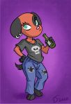  2020 animal_crossing anthro black_body black_fur bottle bottomwear canid canine canis cherry_(animal_crossing) clothed clothing denim denim_clothing domestic_dog ear_piercing ear_ring female fully_clothed fur green_eyes jeans looking_at_viewer mammal nintendo pants piercing purple_background red_body red_fur sankam shirt simple_background solo topwear torn_bottomwear torn_clothing torn_jeans torn_pants video_games 