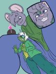  2020 3:4 absurd_res anthro blue_bottomwear blue_clothing blue_eyes blue_pants bottomwear chinchy clothing duo eyewear fur glasses green_clothing green_shirt green_topwear grey_body grey_fur hi_res looking_down male mammal mouse murid murine pants rodent shirt shrink_ray shrinking signature simple_background size_transformation topwear transformation 