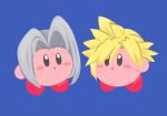  :o bangs blonde_hair blue_background blue_eyes blush_stickers cloud_strife cloud_strife_(cosplay) copy_ability cosplay final_fantasy final_fantasy_vii grey_hair hair_between_eyes kirby kirby_(series) long_hair looking_at_another no_humans red_footwear rizu_(rizunm) sephiroth sephiroth_(cosplay) shoes short_hair simple_background spiked_hair standing super_smash_bros. twitter_username 
