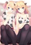  2girls animal_print bangs bare_arms black_legwear blonde_hair blue_eyes blush bra breasts cleavage collarbone commentary cow_print eyebrows_visible_through_hair fang feet_out_of_frame highres komone_ushio large_breasts looking_at_viewer medium_breasts multiple_girls original panties panties_under_pantyhose pantyhose reward_available shirt short_hair short_sleeves sidelocks skirt smile two_side_up underwear white_panties 