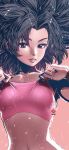  1girl absurdres adjusting_clothes amaguchi_chiyoko big_hair black_eyes black_hair breasts caulifla dragon_ball dragon_ball_super highres lips looking_down navel parted_lips simple_background solo upper_body 