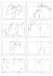  1girl af2345 armlet ass back commentary_request cowboy_shot detached_sleeves eighth_note eighth_rest from_behind hat high_heels jakuzure_nonon key_frame kill_la_kill kneepits korean_commentary legs lineart monochrome multiple_views musical_note panels rectangle shako_cap shiny_footwear short_hair short_hair_with_long_locks sidelocks simple_background solo sparkle thighhighs white_background 