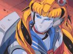  1980s_(style) 1girl arcee autobot bishoujo_senshi_sailor_moon blonde_hair blue_eyes choker clenched_teeth cosplay crescent crescent_earrings crossover earrings heart heart_choker jewelry looking_up marble-v mecha no_humans red_choker retro_artstyle sailor_moon sailor_moon_(cosplay) sailor_moon_redraw_challenge solo teeth transformers twintails 