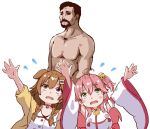  1boy 2girls a_way_out ahoge artist_request beard braid breasts brown_eyes brown_hair choker completely_nude d: detached_sleeves facial_hair flying_sweatdrops green_eyes hair_ornament hairclip hands_up highres hololive inugami_korone jacket large_breasts long_sleeves multiple_girls nude open_clothes open_jacket open_mouth pink_hair red_choker sakura_miko shirt short_hair simple_background source_request twin_braids vincent_moretti white_background white_shirt x_hair_ornament yellow_jacket 