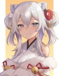  1girl absurdres ahoge animal_ears bangs bare_shoulders blush breasts commentary eyebrows_visible_through_hair fur_trim grey_eyes grey_hair hair_between_eyes hair_bun hair_ornament highres hololive jewelry klaius lion_ears lion_girl long_hair looking_at_viewer shishiro_botan simple_background smile solo upper_body virtual_youtuber yellow_background 