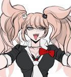  1girl absurdres bangs bear_hair_ornament black_shirt bow breasts choker cleavage collarbone danganronpa:_trigger_happy_havoc danganronpa_(series) enoshima_junko eyebrows_visible_through_hair floating_hair grey_eyes hair_ornament highres large_breasts long_hair looking_at_viewer loose_necktie medium_breasts nail_polish necktie no_(xpxz7347) open_mouth red_bow school_uniform shirt simple_background sleeves_rolled_up smile solo tongue tongue_out twintails upper_body upper_teeth white_background white_neckwear 