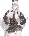  1girl absurdres anchor_symbol azur_lane bangs bare_shoulders blush bow breasts cleavage detached_sleeves eyebrows_visible_through_hair hair_between_eyes hair_ribbon highres large_breasts lom_(lom_lom_8) long_hair necktie one_eye_closed prinz_heinrich_(azur_lane) red_eyes ribbon shirt simple_background skirt sleeveless sleeveless_shirt solo underboob very_long_hair white_background white_hair 