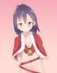  1girl absurdres arms_behind_back bell blush breasts capelet christmas expressionless fur-trimmed_capelet fur_trim gabriel_dropout hair_between_eyes hair_ornament hairclip highres looking_at_viewer medium_hair meng_jiang merry_christmas naked_capelet naked_ribbon navel purple_eyes purple_hair red_capelet red_ribbon ribbon small_breasts solo tsukinose_vignette_april x_hair_ornament 