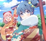  2girls bangs blue_eyes blue_hair blush closed_eyes day eyebrows_visible_through_hair floral_print fur_collar furisode hair_bun highres japanese_clothes kagamihara_nadeshiko kimono long_hair multiple_girls nengajou new_year obi open_mouth outdoors pink_hair print_kimono sash shima_rin short_hair torii tree urara_(sumairuclover) yurucamp 