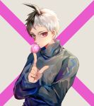  1boy bangs brown_hair bubble_blowing chewing_gum commentary_request crazy_eyes cross danganronpa_(series) danganronpa_2:_goodbye_despair grey_background hand_up highres hinata_hajime hinata_hajime_(awakened) index_finger_raised long_sleeves looking_at_viewer male_focus multicolored multicolored_eyes multicolored_hair pink_background short_hair solo spoilers sweater tuteurfars_shin two-tone_hair upper_body white_hair 