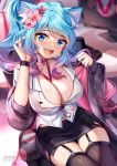  1girl :d animal_ear_fluff animal_ears bangs black_choker black_skirt blue_eyes blue_hair blurry blurry_background blush breasts cat_ears choker cleavage commentary depth_of_field english_commentary eyebrows_visible_through_hair fangs flower garter_straps gradient_hair grey_legwear hair_flower hair_ornament hand_in_hair hands_up head_tilt highres large_breasts long_sleeves looking_at_viewer miniskirt multicolored_hair open_mouth pink_flower purple_hair shirt silvervale skirt smile solo squchan thighhighs thighs virtual_youtuber vshojo watermark web_address white_shirt wristband 