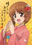  1girl :d akeome anglerfish bangs brown_eyes brown_hair character_name checkered checkered_background emblem eyebrows_visible_through_hair fingers_together flower girls_und_panzer hair_flower hair_ornament happy_new_year japanese_clothes kanau kimono long_sleeves looking_at_viewer nail_polish new_year nishizumi_miho obi open_mouth pink_kimono pink_nails sash short_hair smile solo translated upper_body wide_sleeves yellow_background 