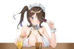  1girl absurdres areola_slip areolae bare_shoulders blue_eyes breast_rest breasts brown_hair champagne_flute cleavage collarbone cup detached_sleeves drinking_glass eyebrows_visible_through_hair highres large_breasts mole mole_under_eye original side_ponytail siha smile solo table 