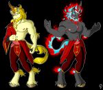  2020 5_fingers absurd_res anthro asian_mythology beard biceps chinese_mythology clothed clothing digital_media_(artwork) digitigrade duo east_asian_mythology equid equine facial_hair fingers fire fluffy fluffy_tail friendship_is_magic fur golden_oak hasbro hi_res hooves horn humanoid kirin makidotsukashi male mammal muscular muscular_anthro muscular_male my_little_pony mythology nipples partially_clothed pecs simple_background standing 