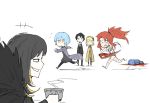  2boys 4girls angela_(lobotomy_corporation) anger_vein angry animal_print aqua_hair bare_legs bare_shoulders binah_(lobotomy_corporation) black_hair black_suit blonde_hair blood blue_coat blue_hair braid braided_bun chesed_(lobotomy_corporation) coat collared_shirt colored_inner_hair commentary_request cow_print crop_top cup eyeball fleeing formal gebura_(lobotomy_corporation) hairband holding holding_cup holding_sword holding_weapon kan_(aaaaari35) library_of_ruina long_coat long_hair long_sleeves looking_at_another medium_hair multicolored_hair multiple_boys multiple_girls neck_ribbon open_clothes open_coat ponytail pool_of_blood purple_coat red_hair ribbon roland_(library_of_ruina) running scar scar_across_eye scar_on_cheek scar_on_face scar_on_leg scar_on_stomach shirt short_hair sidelocks sideways_mouth simple_background suit sweatdrop sword tied_hair tiphereth_(lobotomy_corporation) two-tone_hair unconscious weapon white_background white_shirt wide-eyed yellow_coat yellow_eyes 