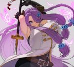  1girl absurdres armpits arms_up asymmetrical_gloves bangs bare_shoulders black_gloves blue_eyes braid breasts bug butterfly draph elbow_gloves fingerless_gloves gloves granblue_fantasy hair_over_one_eye highres horns huge_breasts insect katana long_hair looking_at_viewer low_tied_hair narmaya_(granblue_fantasy) naze open_mouth pointy_ears purple_hair sidelocks single_braid sleeveless sword vest weapon white_vest 