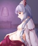  1girl arm_support armband bangs bow breasts collared_shirt eyebrows_visible_through_hair fujiwara_no_mokou grey_hair groin hair_bow highres indoors long_hair long_sleeves looking_at_viewer multiple_hair_bows navel nipples open_clothes open_shirt pants parted_lips petite red_pants riria_(liry_a_flower) shirt sideways_glance sitting sleeveless small_breasts solo stomach touhou twisted_torso undressing very_long_hair 