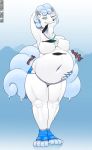  2020 4_fingers 4_toes abdominal_bulge after_vore alolan_vulpix ambiguous_gender ambiguous_prey anthro anthro_pred anthrofied belly big_belly big_tail biped black_body black_feathers black_nose blanche_(fidchellvore) blue_background blue_body blue_clothing blue_eyes blue_footwear blue_fur blue_hair blue_paws bottomwear breasts canid canine chest_tuft chubby_anthro chubby_female claws clothed clothing cold dated day death deep_navel digestion digital_drawing_(artwork) digital_media_(artwork) fan_character fangs feathers female female_pred fidchellvore fingers fluffy fluffy_tail footwear front_view full-length_portrait fur fur_tuft grey_body grey_claws grey_fur hair half-closed_eyes hand_behind_head hand_on_stomach hi_res holding_belly holding_stomach ice jewelry leg_tuft looking_at_viewer mammal mostly_nude motion_lines mountain narrowed_eyes navel necklace nintendo nipples number oral_vore outside overweight overweight_anthro overweight_female paws pink_text pok&eacute;mon pok&eacute;mon_(species) portrait raised_arm regional_form_(pok&eacute;mon) rumbling_stomach short_hair signature simple_background sky slightly_chubby slorsh smile smiling_at_viewer soft_vore solo sound_effects standing text three-quarter_view toes topless topless_female tuft video_games vore watermark weight_gain white_body white_bottomwear white_claws white_clothing white_fur white_nipples white_text wide_hips wide_thighs 