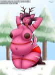  anthro antlers belly big_belly bottomwear capreoline cervid christmas christmas_clothing clothed clothing collar female fur gyro-furry hair harness hi_res holidays hooves horn implied_transformation kneeling layla_thompson leash mammal navel nipples pink_body pink_fur pregnant purple_hair reindeer shorts solo story story_in_description stripes text thick_thighs tongue tongue_out topless url yellow_eyes 